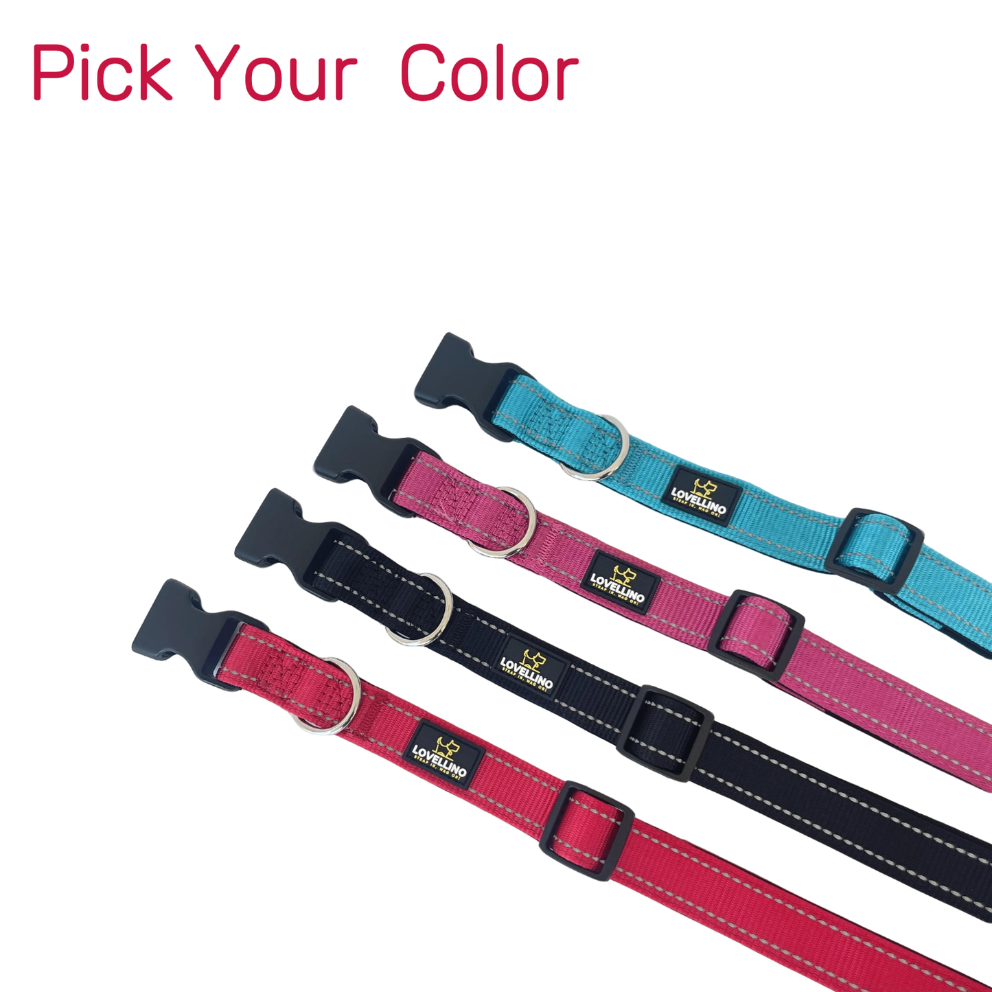 Lovellino Dog Collars – Comfortable, adjustable, and durable collars for all dog sizes. Featuring reflective stitching and strong buckles for secure leash attachment.