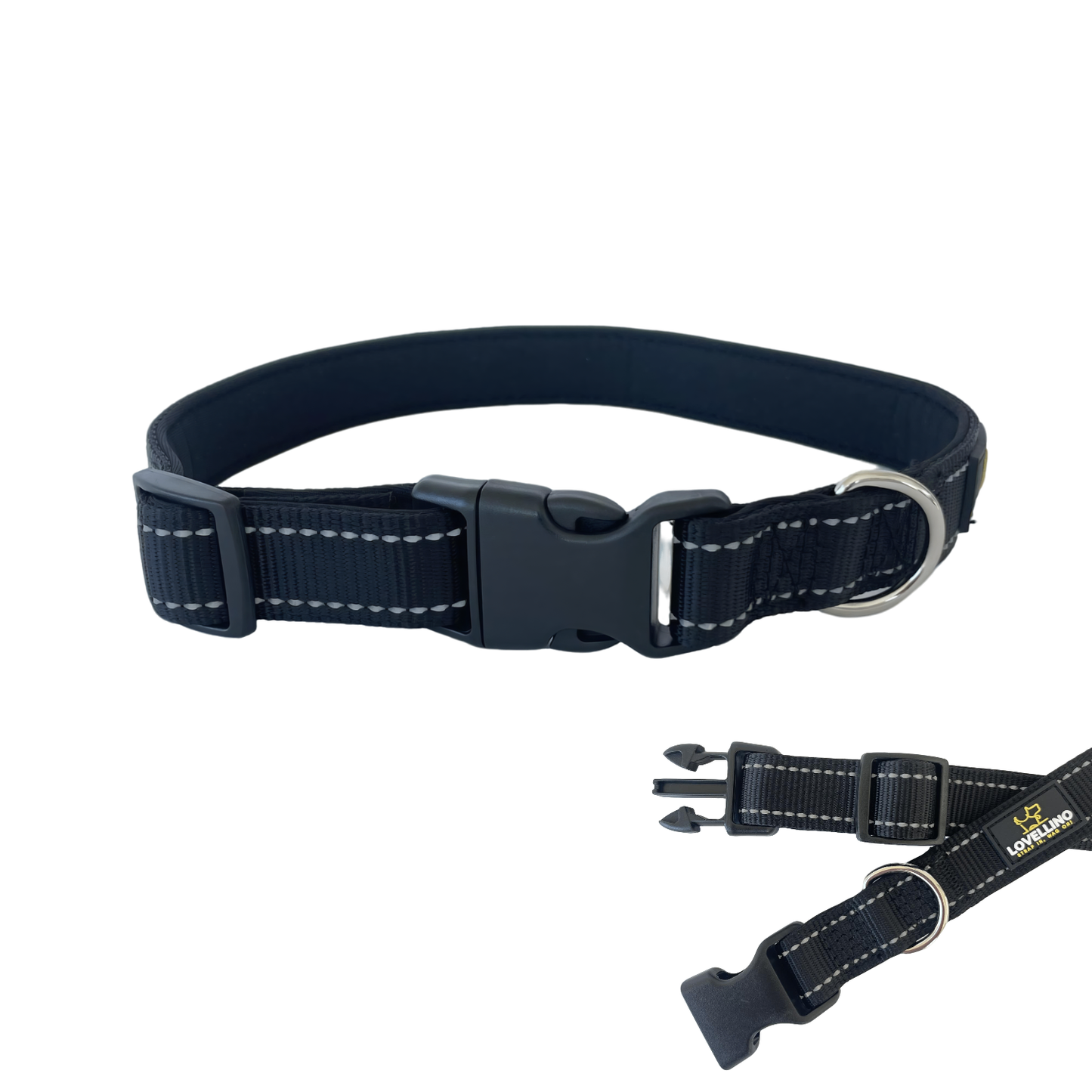 Lovellino Dog Collars – Comfortable, adjustable, and durable collars for all dog sizes. Featuring reflective stitching and strong buckles for secure leash attachment.