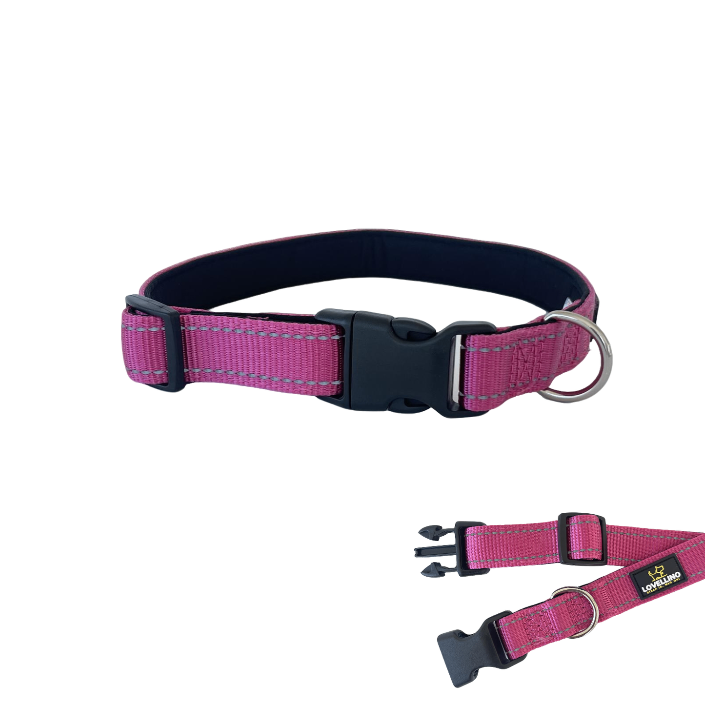 Lovellino Dog Collars – Comfortable, adjustable, and durable collars for all dog sizes. Featuring reflective stitching and strong buckles for secure leash attachment.